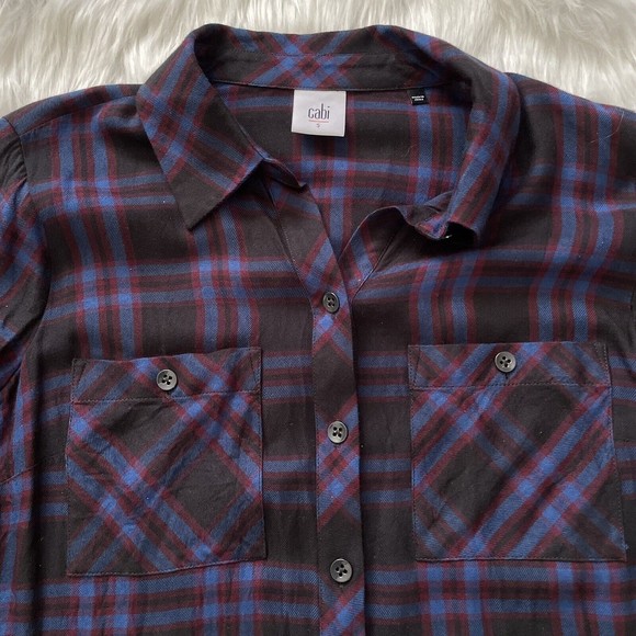 CAbi Flannel Peplum Top Plaid Check Button Down Shirt Ruffle Hem Medium - Picture 3 of 11